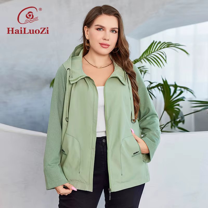 HaiLuoZi 2023 New Autumn Women Trench Coat Plus Size Solid Color Short Spliced Hooded Jacket Slant Pocket Female Outwear 729