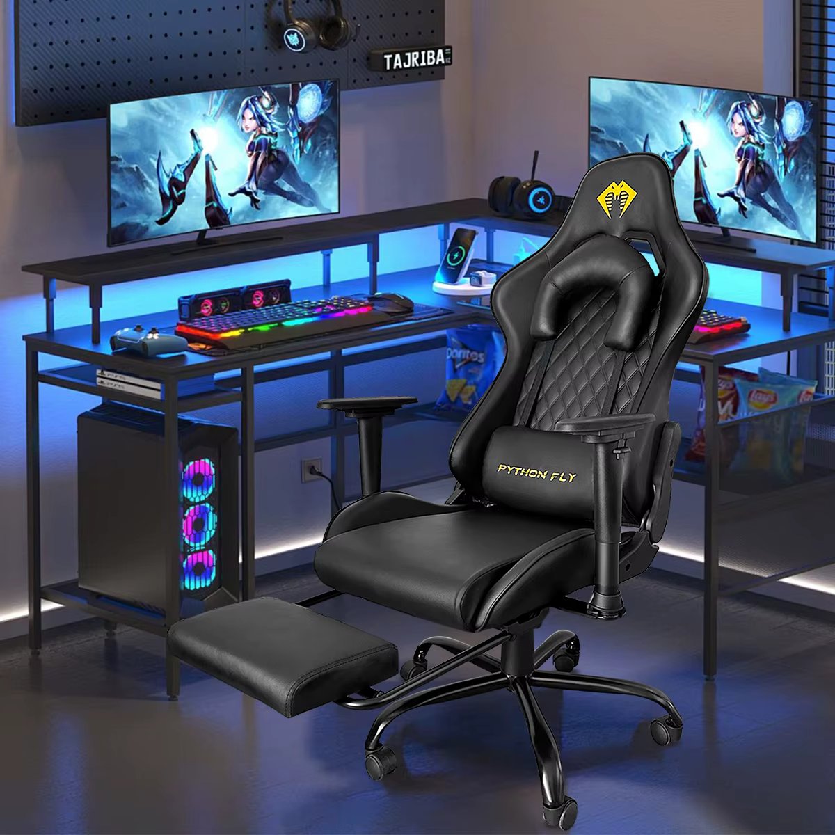 Latest Generation Gaming Chair 180 Degree Reclining Ergonomic Chair with Foot Support Black