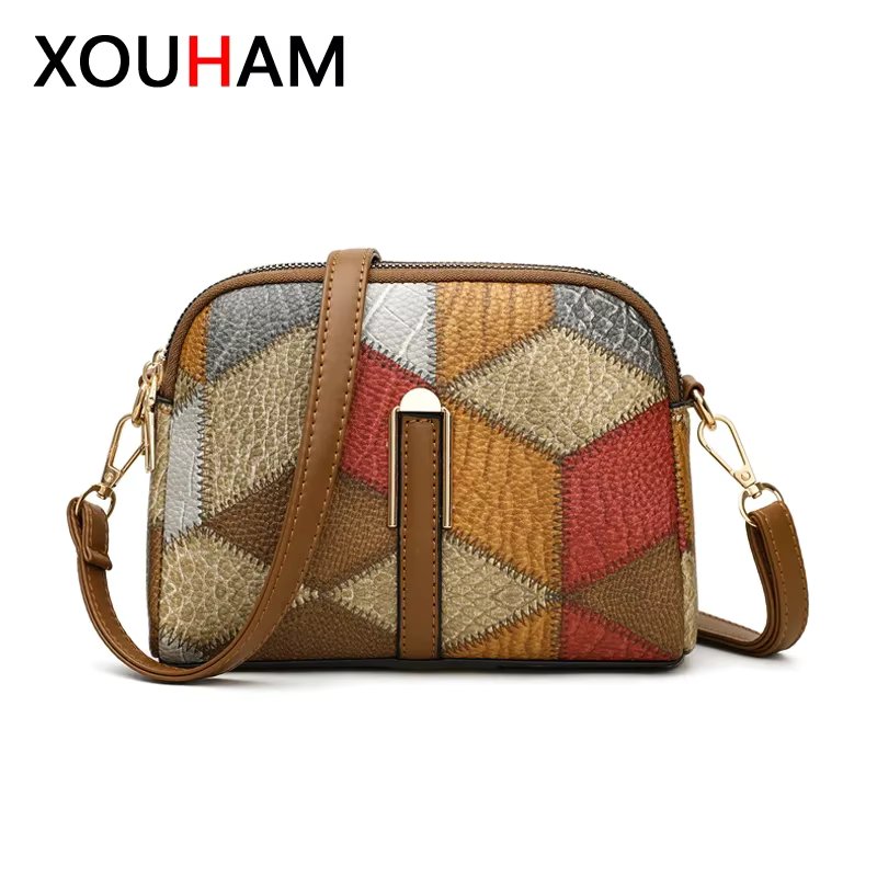 XOUHAM Color Block Shoulder Bags for Women National Style Double Zipper Crossbody Bag Ladies PU Leather Wallet Fashion Handbags