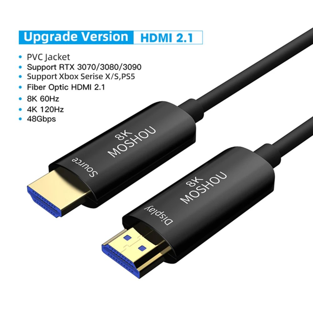MOSHOU 8K HDMI 2.1 Optical Fiber Cable eARC HDR 8K@60Hz 4K@120Hz Soft TPU Cover Cable for Xbox PS5 Samsung QLED TV Amplifier