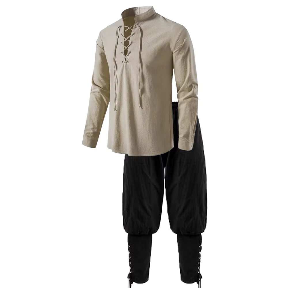 2Pcs Men's Medieval Knight Costume Set Renaissance Cosplay Pirate Shirts Ankle Banded Pants For Halloween Cotton Linen Fabric
