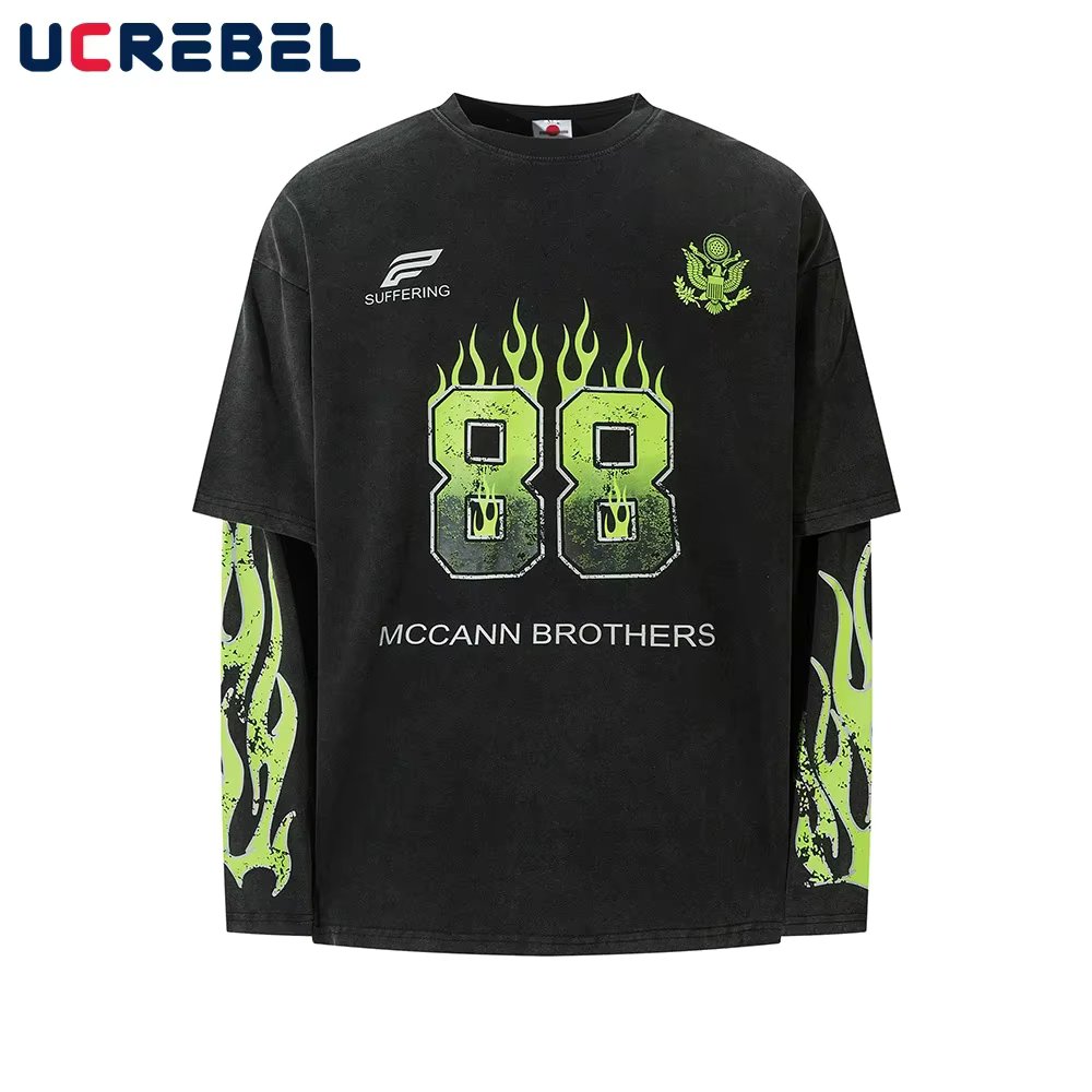 Flame Print Fake Two Pieces T-shirt Mens Spliced Autumn High Street Washed Distressed Crew Neck Long Sleeve Loose Cotton Tee Men