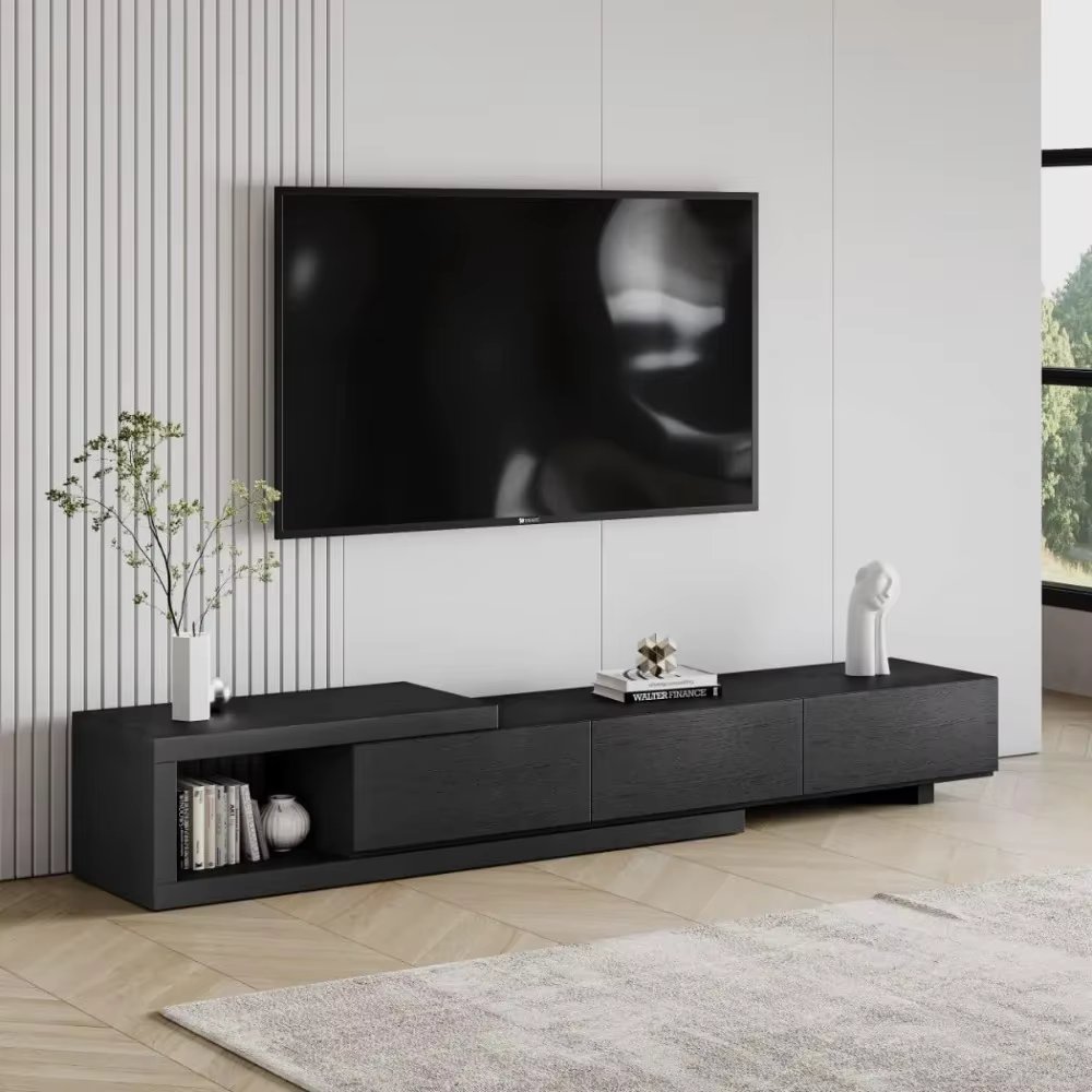 70"-100" Extendable TV Stand with Storage Solid Wood Black TV Media Console Modern Retractable Entertainment Center