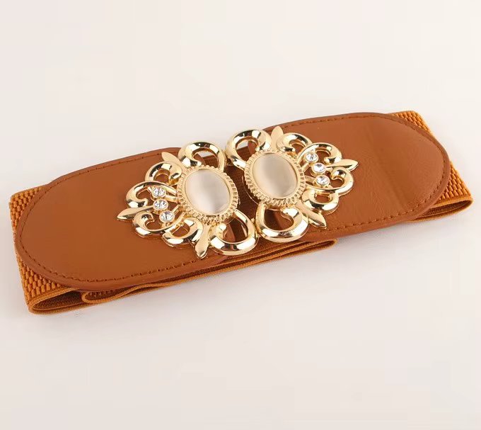 Newest Opal Gem Dress Cummerbund Punk Heart Buckle Cummerbunds HOT Wide Elastic Girdle Strap Black Waist Belt Women Gold Buckles