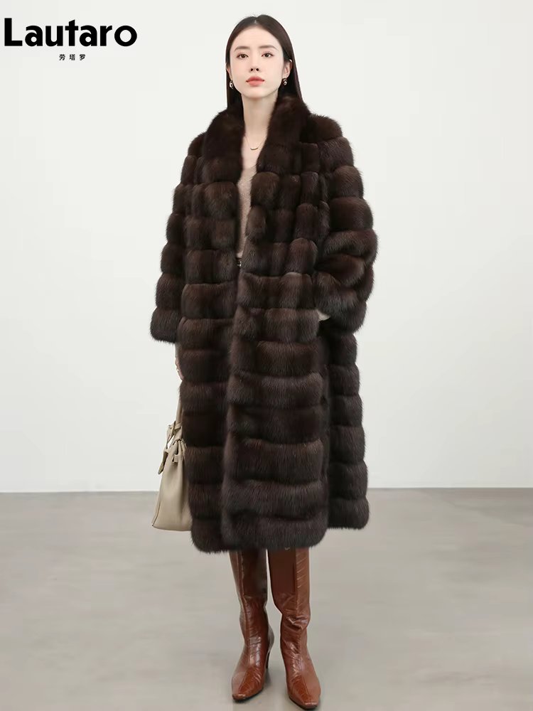 Lautaro Autumn Winter Elegant Luxury Chic Long Thick Warm Faux Sable Fur Coat Women Shawl Collar High Quality Fluffy Overcoat