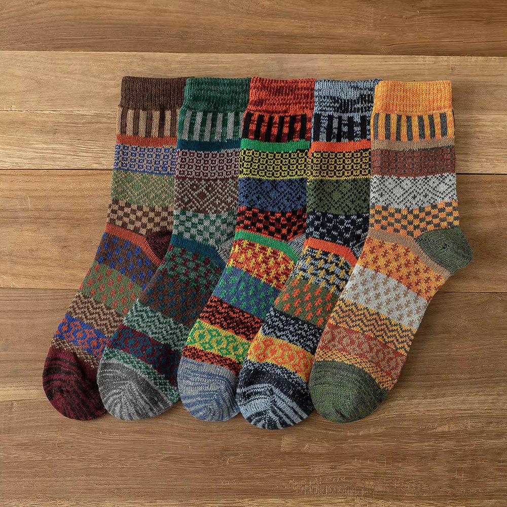 5 Pairs Lot Pack Women Socks Autumn Winter Snow Thickened Thermal Warm Folk-custom Retro Nordic Style Wool Socks Christmas Gift