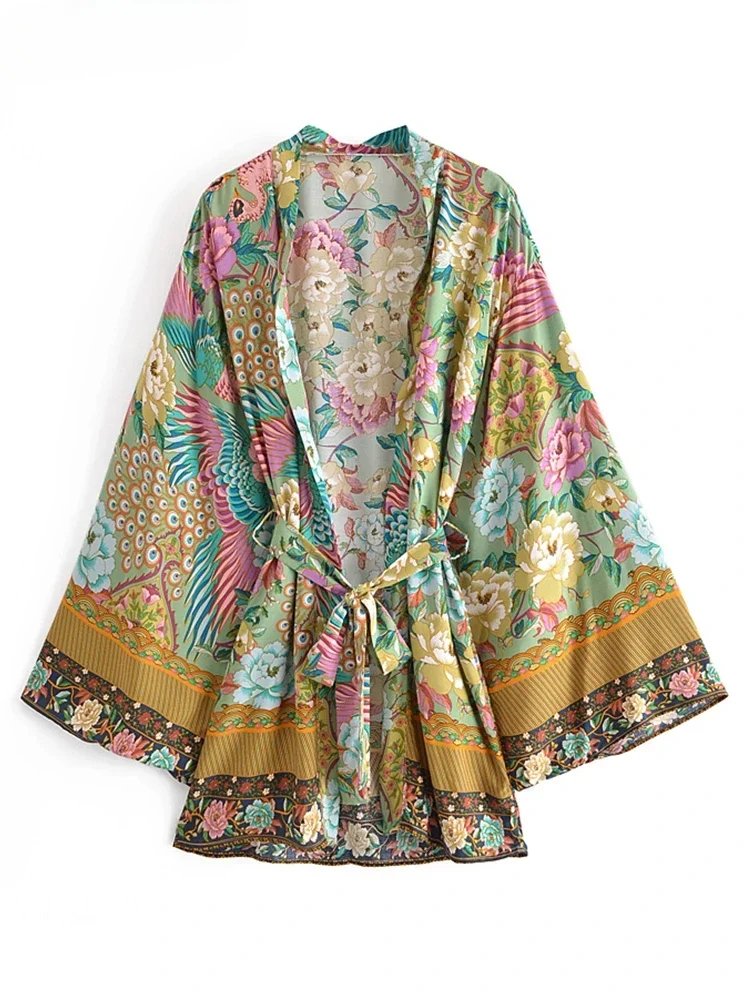 Boho Vintage Green Peacock Floral Print Sashes Bohemian Kimono Women V Neck Batwing Sleeves Happie Short Robe Bikini Cover-ups