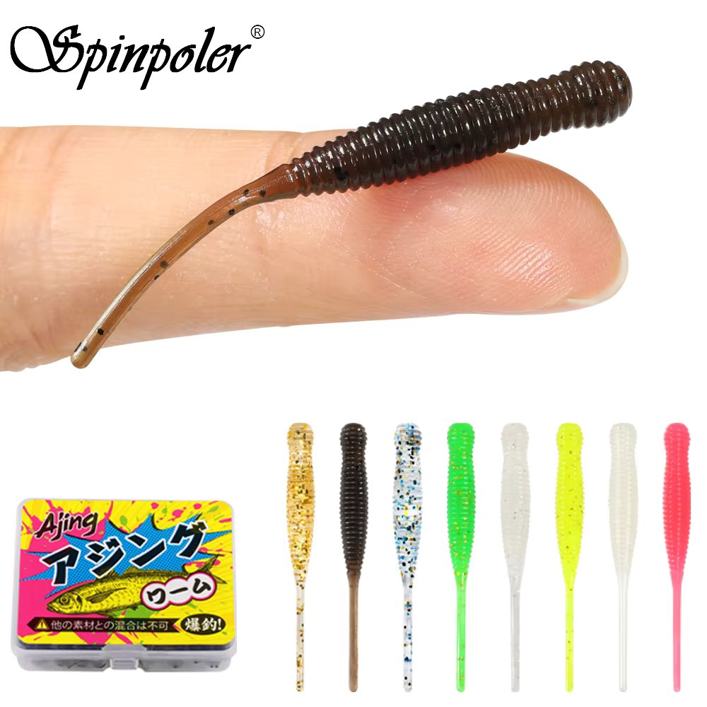 Spinpoler Single Needle Tail Worm Micro 44mm Fishing Lure Ajing Small Rockfish Silicone Isca Artificial Bait Luminous Jig 20pc