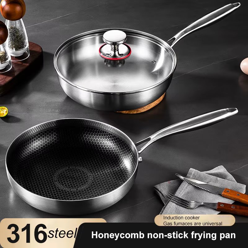 Frying Pan 316 Stainless Steel Uncoated Non-stick Pan Double-sided Honeycomb Pot Kitchen Cookware for Gas Stove Induction