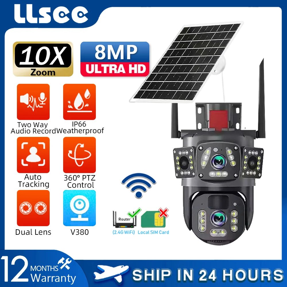 LLSEE V380,Wireless WIFI solar closed-circuit television,CCTV,4G SIM solar camera,4K dual lens,outdoor security network camera