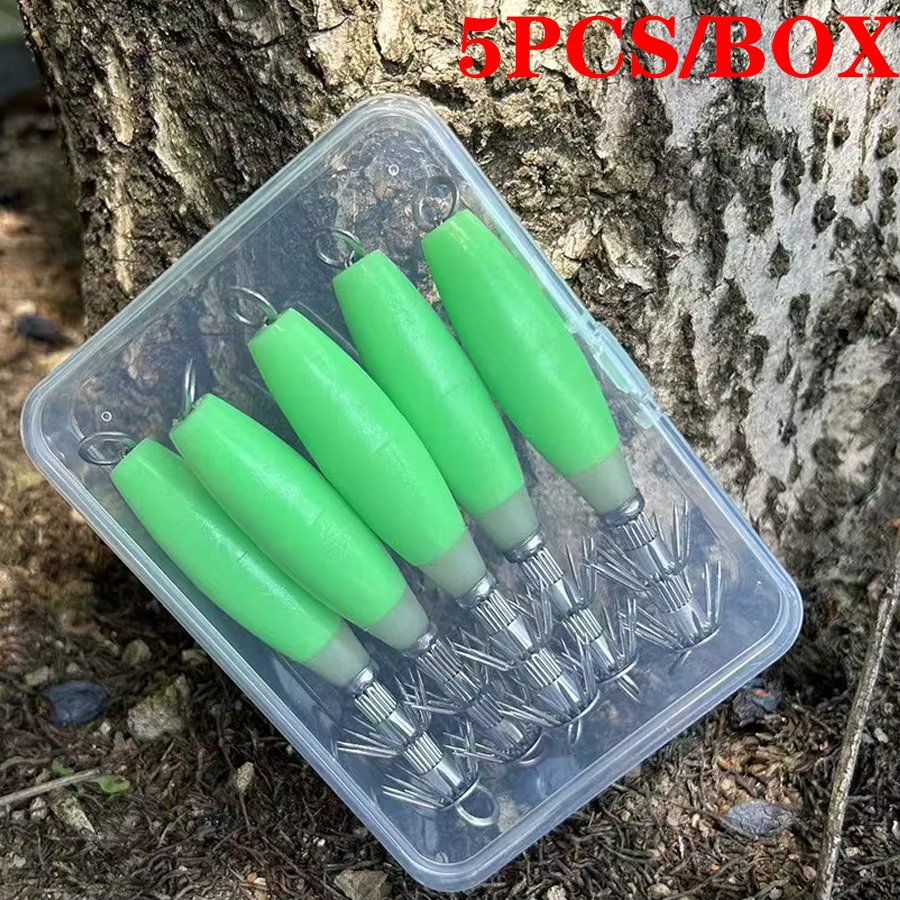 5pcs Squid Jigs Green Multi needle Baits Glow in the Dark Effective Fishing Lure for Squid and Cuttlefish Octopus