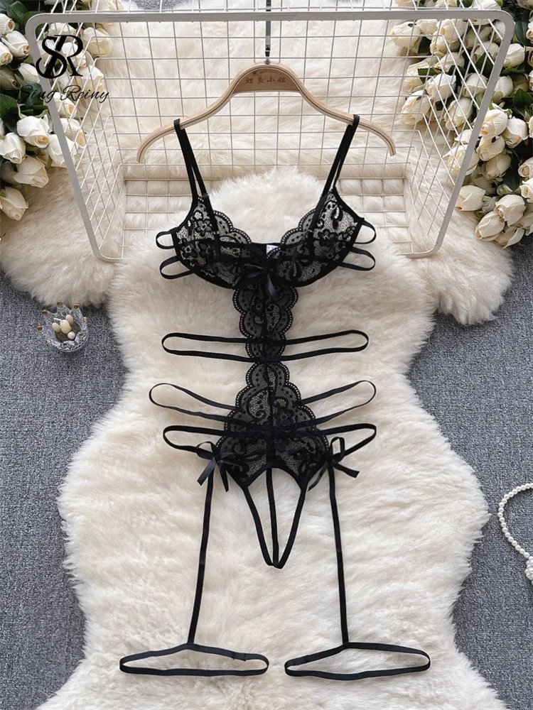SINGREINY Sexy Hollow Out Lace Rompers Erotic Lace-up Spliced Short Bodysuits Transparent Shapewear Women Lingerie Slim Playsuit