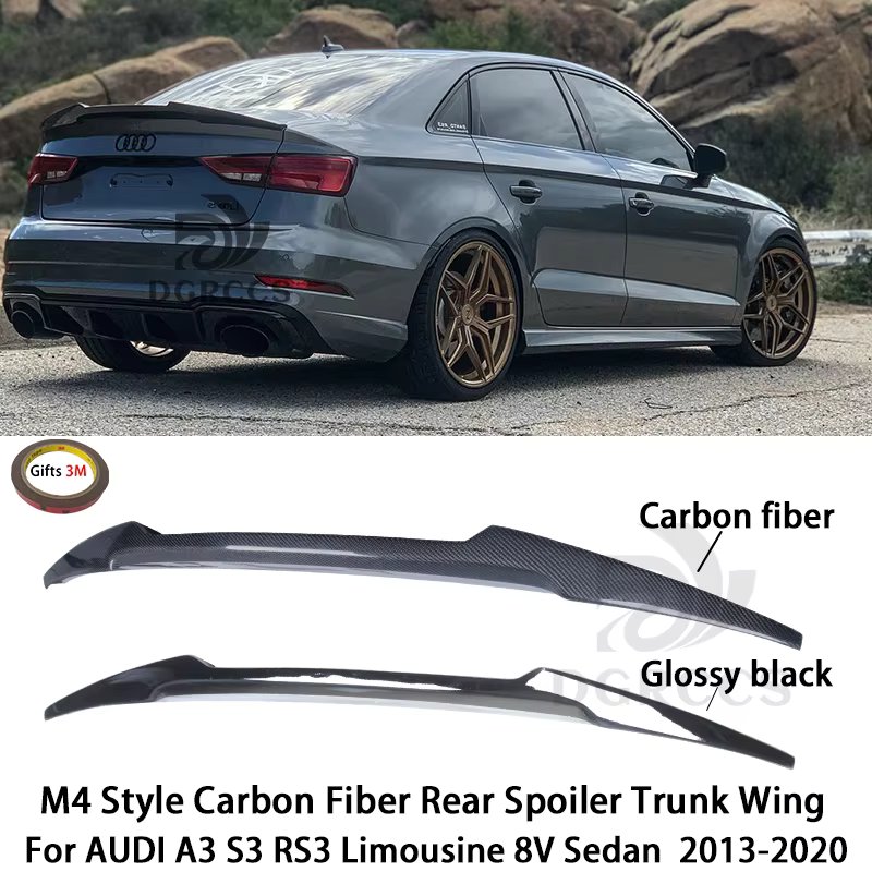 For AUDI A3 S3 RS3 8V Limousine Sedan M4 Style Rear Spoiler Trunk Wing 2013-2020 Carbon fiber Glossy black