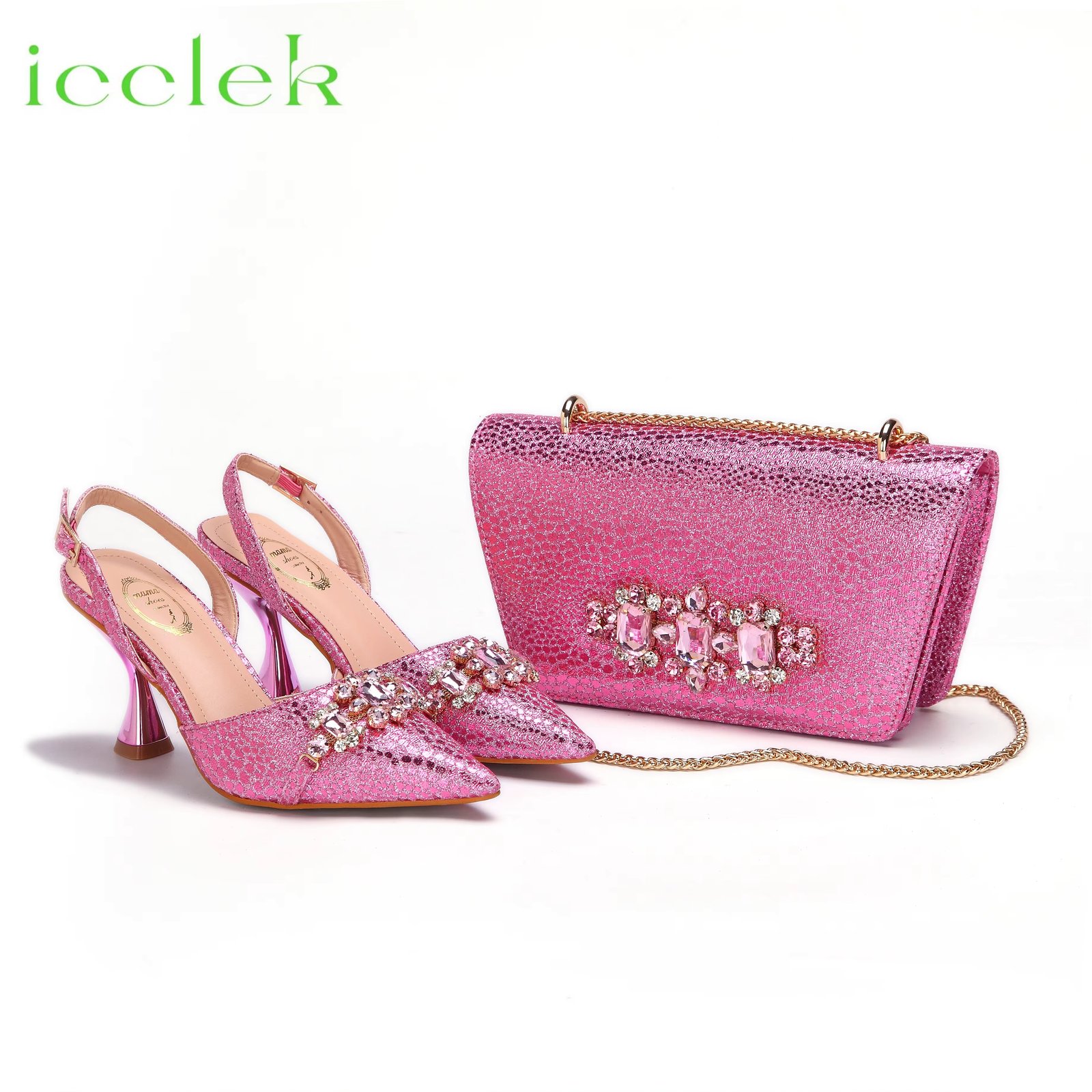 High Heels Shoes for Women Fashion Embroidery Rhinestone Italian Design Pink Color Pointed Toe Shoes and Bags Set