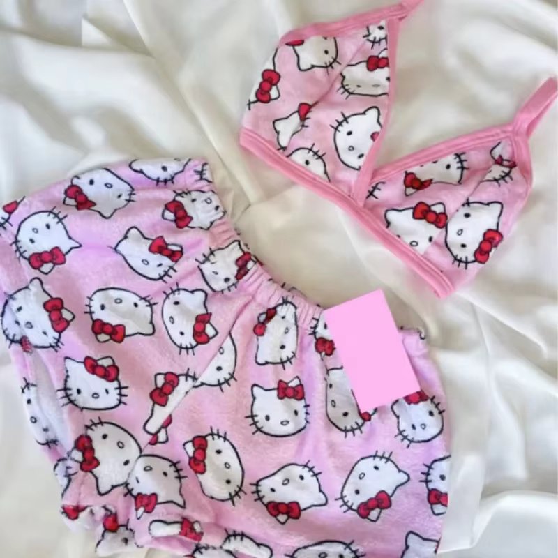 Hello Kitty Women Pajamas Set Sanrio Casual Sleepwear Tank Top Shorts Split Strap Adjustable Sexy Plush Underwear Summer Bikini