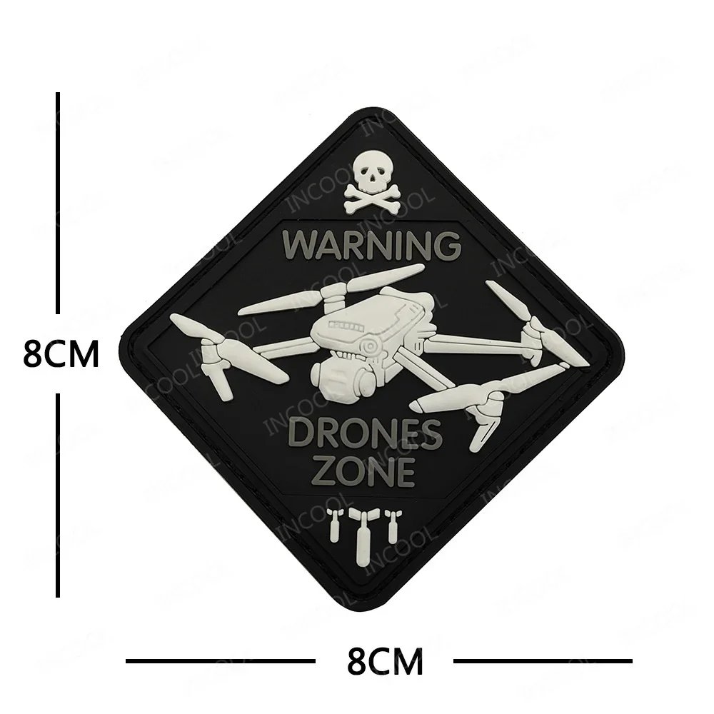 PVC Rubber White Glow In Dark Warning Drones Zone Patch Pilot Hook Loop Luminous Plane Patches For Helmet Clothing Backpack Cap