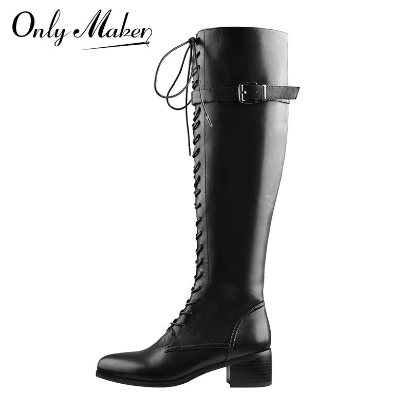 Onlymaker Women Round Toe Black Matte Side Zipper Knee High Boots Lace Up Classic Autumn Winter  Lady Motorcycle Flats Boots