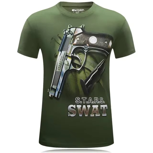 Men's Summer Personality Short Sleeve T-shirt Ak 47 Gun Printed Army Fan Tough Guy Wind Speed Dry O Neck Shirt Punk Large Top