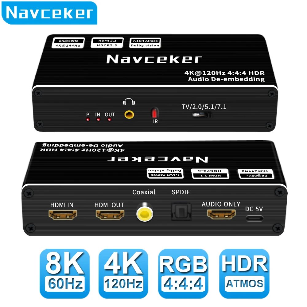 Navceker 8K 60Hz HDMI Audio Extractor 4K 120Hz RGB 4:4:4 HDMI 2.1 Audio Splitter Converter 7.1 CH Atmos De-embed for PS5 XBox