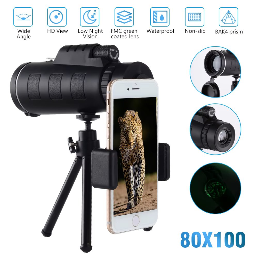80x100 HD ZOOM Powerful Monocular Telescope Outdoor Portable Long Range Waterproof Camping Telescope with Aluminium Alloy Tripod