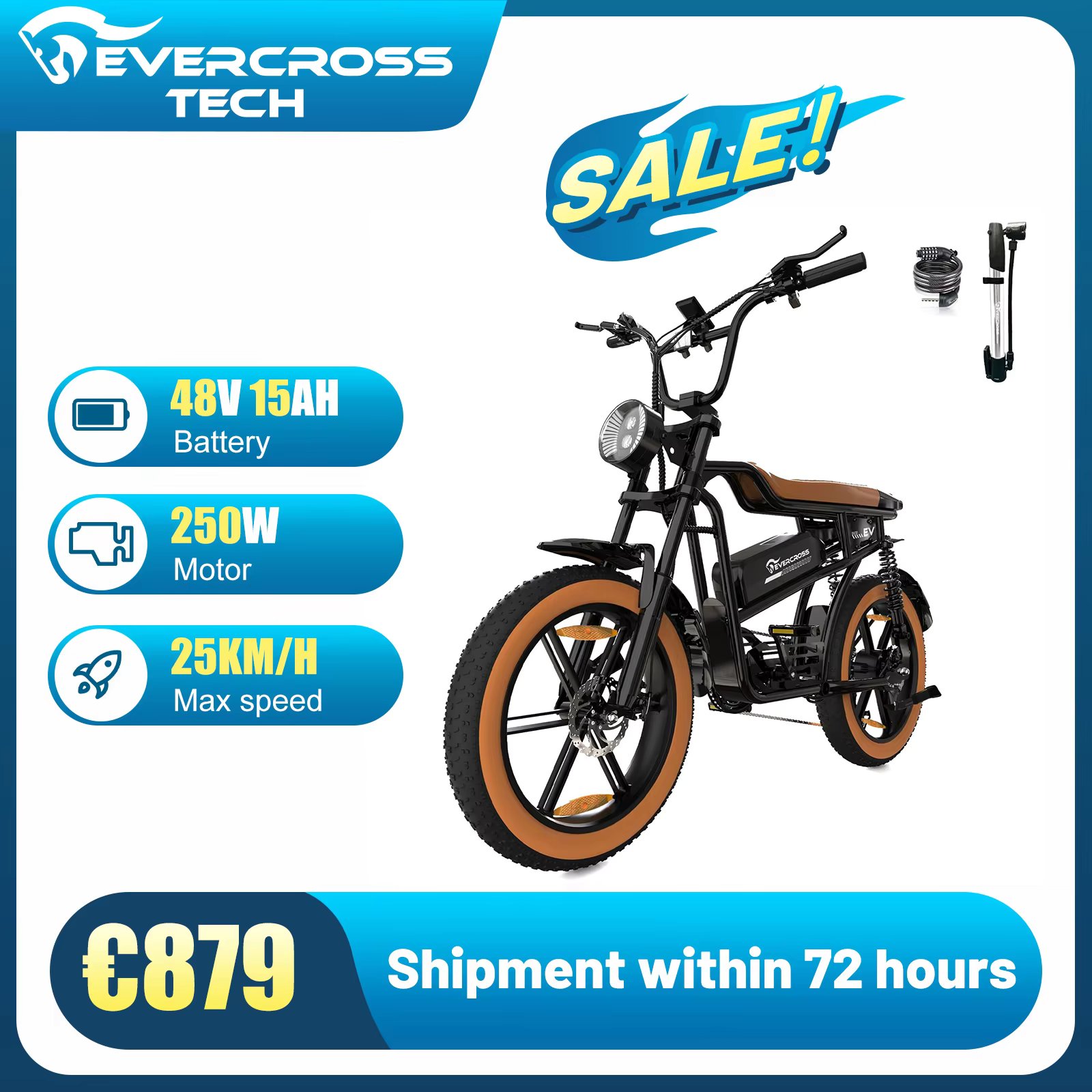 EVERCROSS TECH EK30 Electric bike adult, e-car 20 "x4.0 wide tires, motor 250W, speed 25 km/h, autonomy 100km