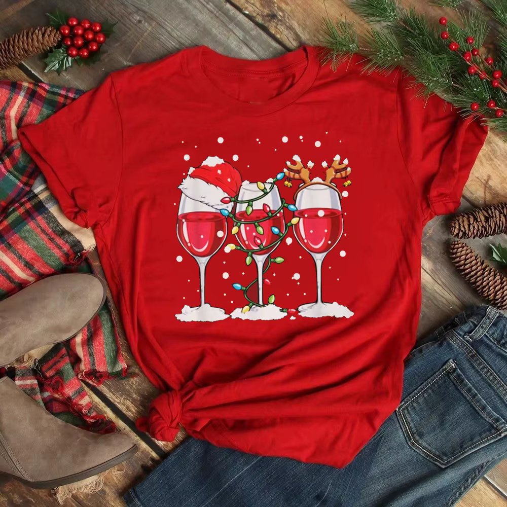 Maycaur New Kawaii Christmas Wine Glass Print T Shirt  New Year Women Tops Cartoon Shirt Female Holiday Graphic T Tee T-shirt