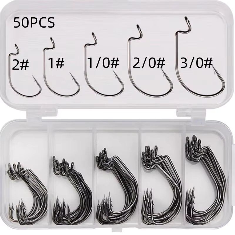 50Pcs Box Fishing Hooks Set Jig Crank Barbed Hook High Carbon Stainless Steel Wide Gap Offset Fishhook Soft Worm Sea Hook Tackle