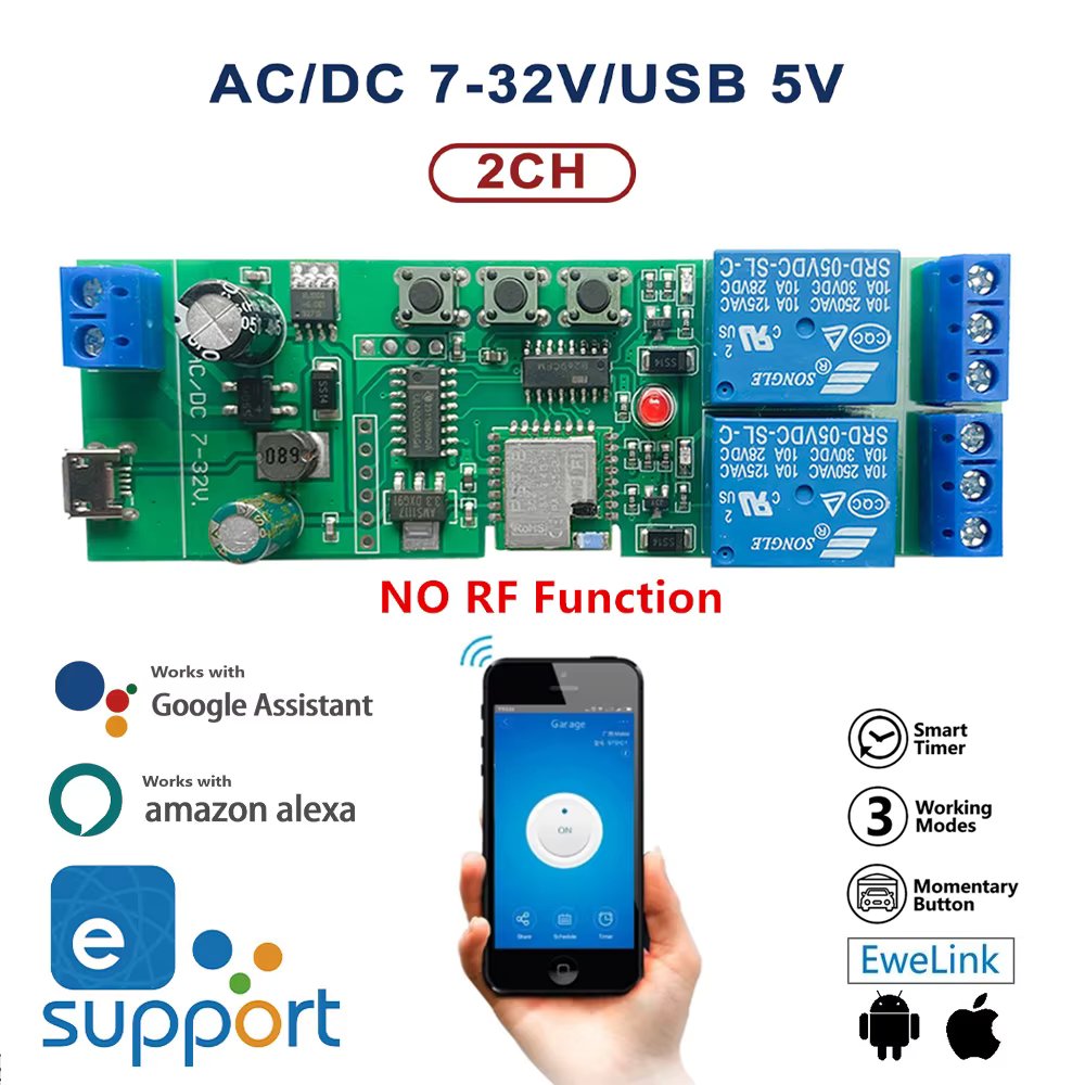 2CH Ewelink Smart Remote Control Wireless Wifi Switch Module DC7-32V 2200W Receiver 10A WiFi Relay For Alexa DIY