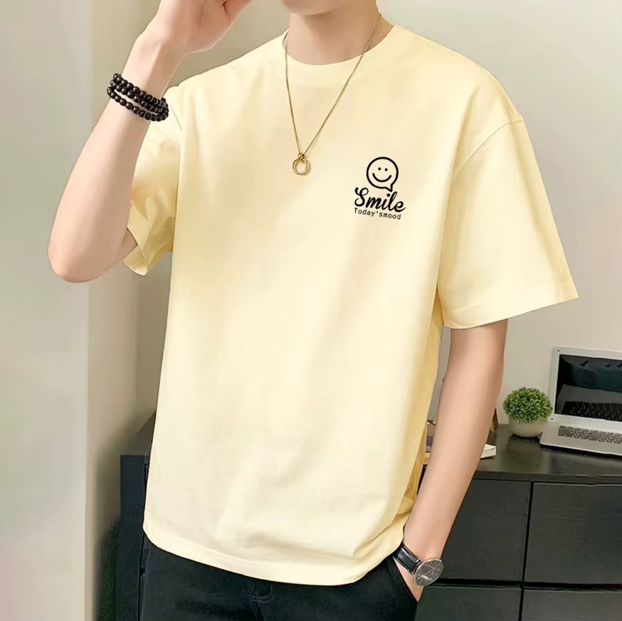 Trend In Pure cotton men's short-sleeved box Smiley face print SMILE LETTING OVERFit T-Shirt Big size TS2005