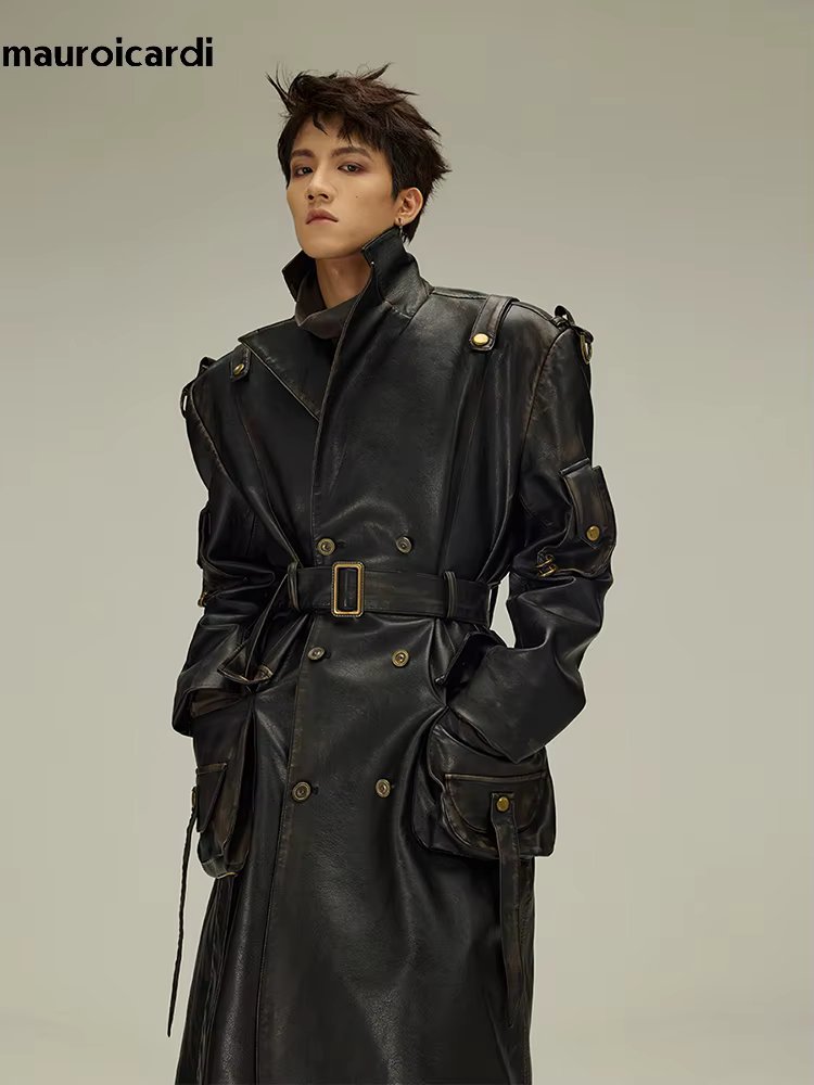 Mauroicardi Spring Autumn Long  Distressed Black Pu Leather Trench Coat Men Belt Double Breasted Luxury European Fashion 2023