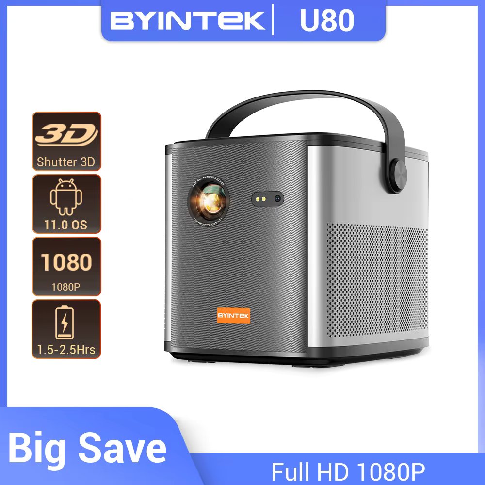 BYINTEK U80 DLP Smart Projector 3D 4K Cinema Android 11.0 WiFi Mini Portable 1080P Home Theater Video Projector with Battery