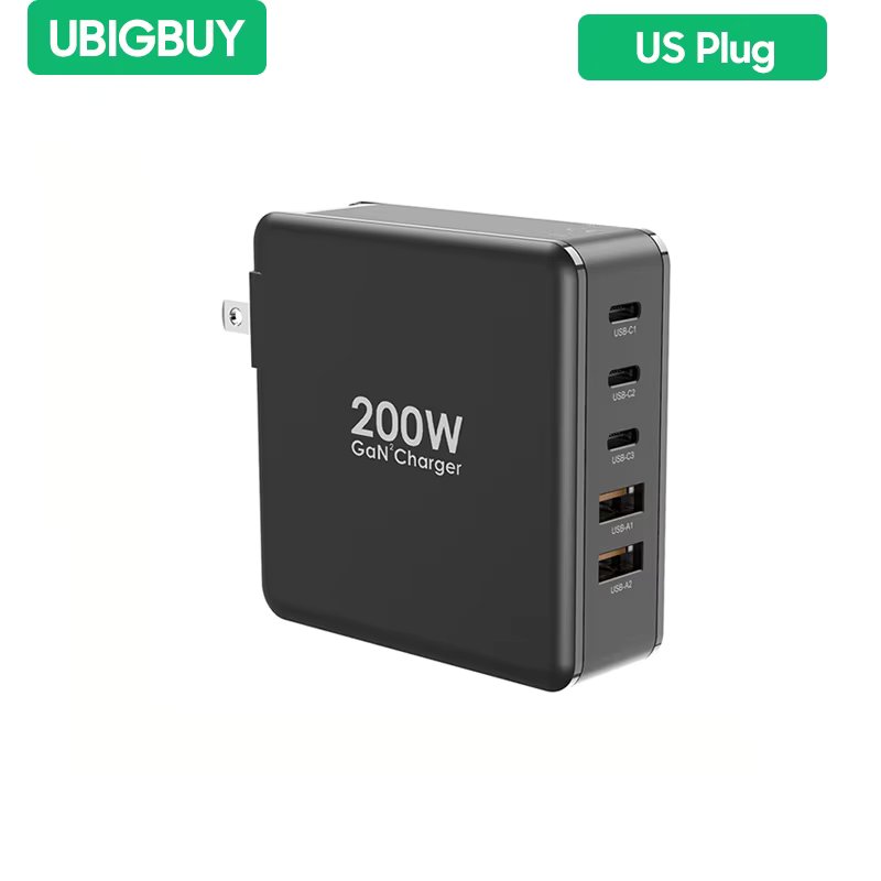 Ubigbuy GaN 200W USB C Charger with 2 Ports USB-C PD 100W and 3 Ports QC65W, Fast Charging Travel Adapter for Laptops Cellphone
