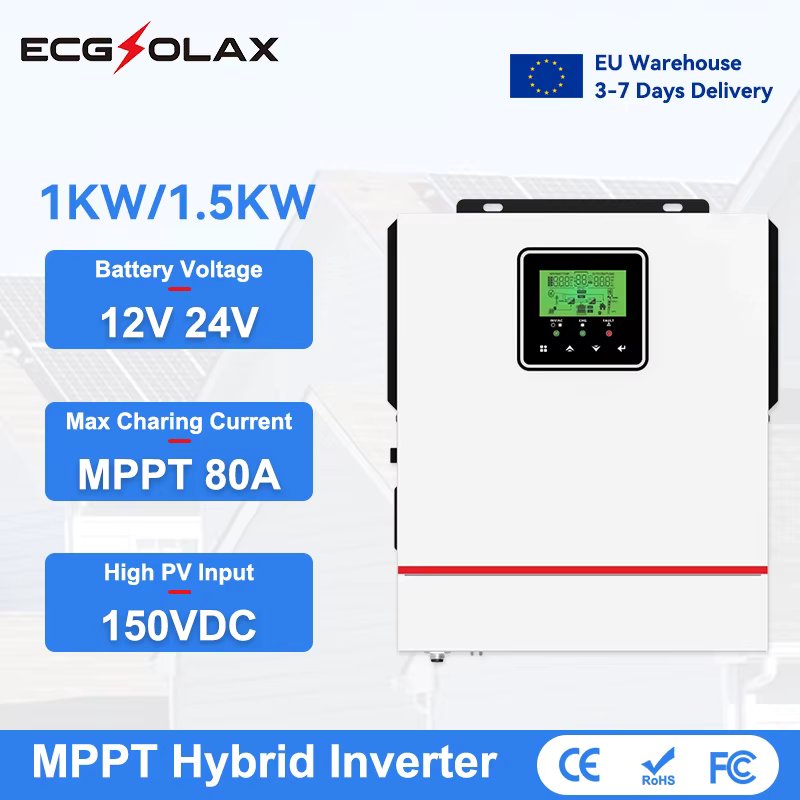 ECGSOLAX 1KW 1.5KW Hybrid Solar inverter 12V 24V 220Vac Pure Sine Wave Solar Hybrid inverter With MPPT 80A Charging Controller