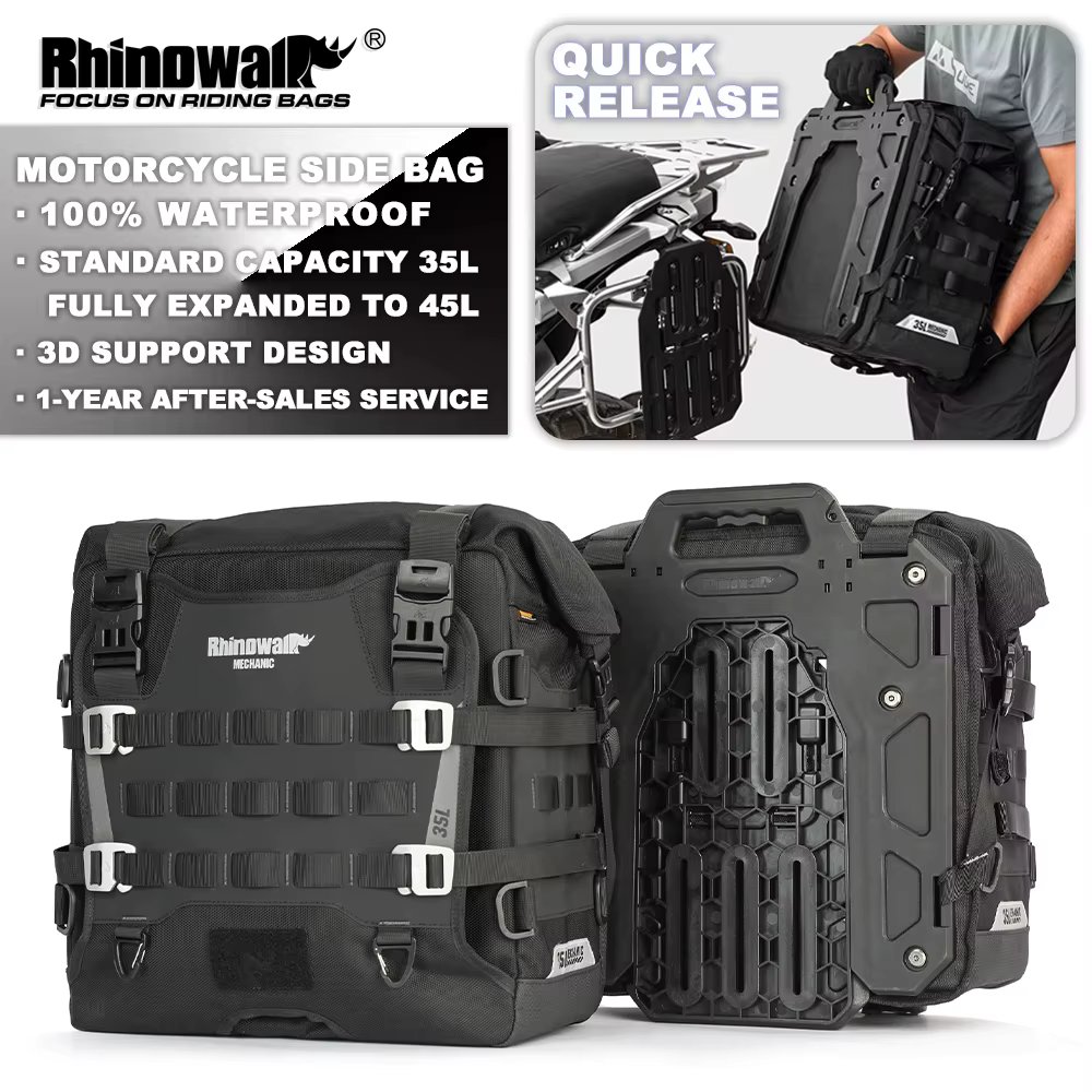 Rhinowalk Motorcycle Side Bag Waterproof 35L Big Capacity Quick Release Anti-Theft With Lock Hole Molle Saddlebag pannier