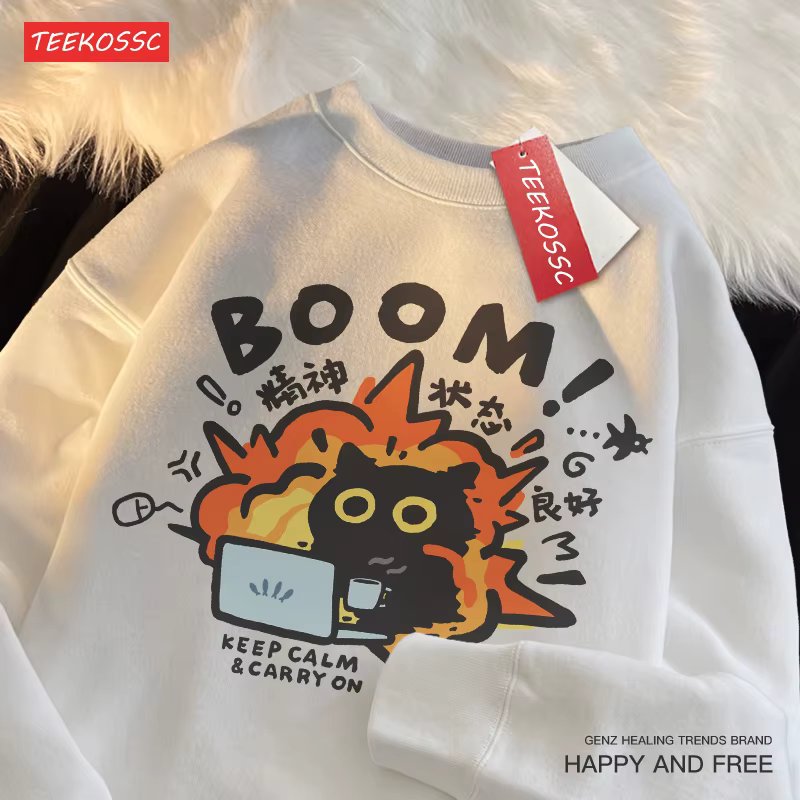 Good Mental State BOOM Funny Cat Sweatshirt Men Women Fleece Autumn New Long Sleeve Clothes Loose Casual Cartoon Oversized Hoody