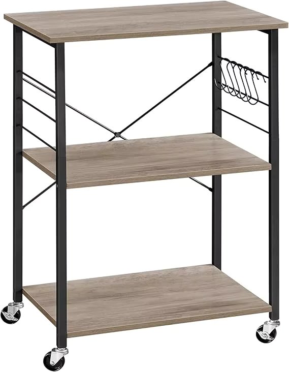 VASAGLE serving trolley, kitchen trolley with 3 levels, with 6 hooks
