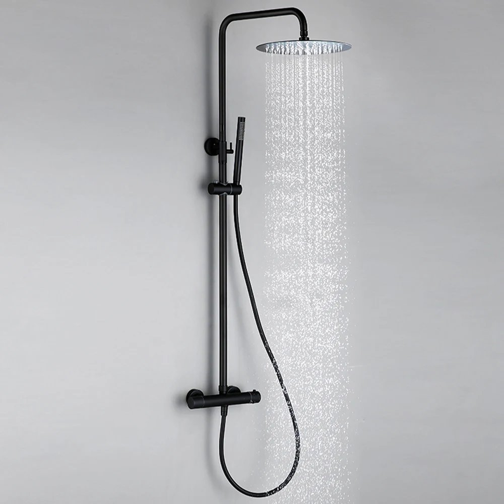 Bathroom Shower Set Polished Chrome Matte Black Rain Faucet Wall-Mounted Thermostatic Valve System 8 - 12" Top Spray Head