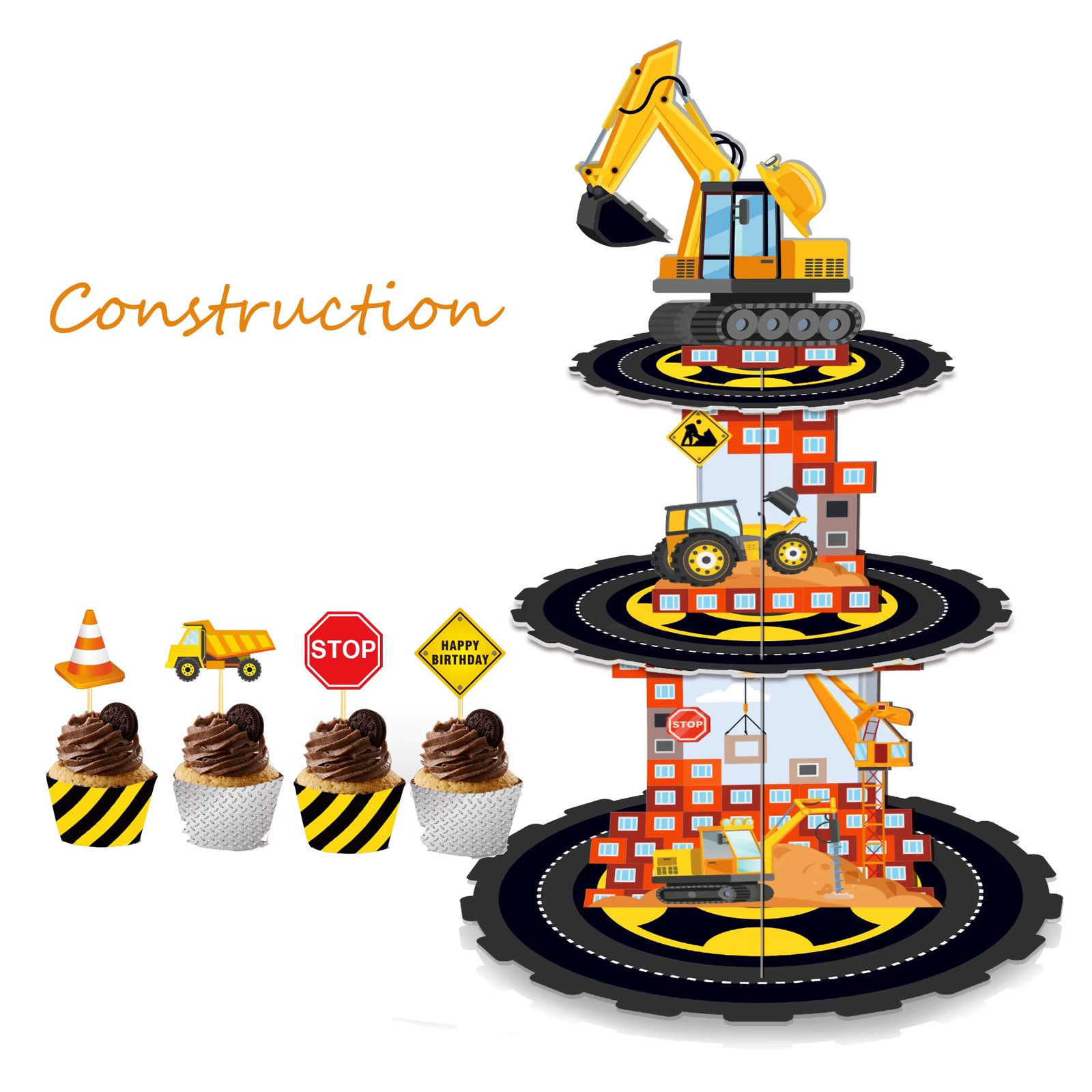 Cartoon Truck Construction Birthday Party Cake Display Stand and Cupcake Wrappers Cake Toppers DIY Baby Shower Party Decors
