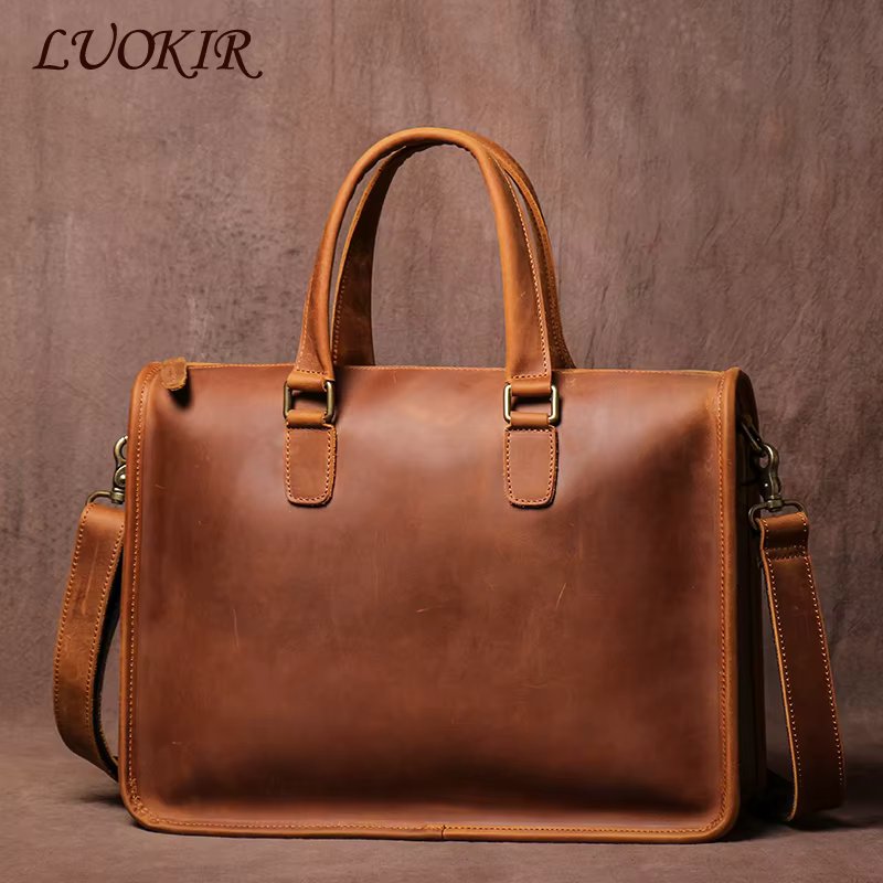 LUOKIR Real Leather Handbag Men Vintage Crazy Horse Cowhide Office Computer Bag Simplicity Business Briefcase For 14 Inch Laptop