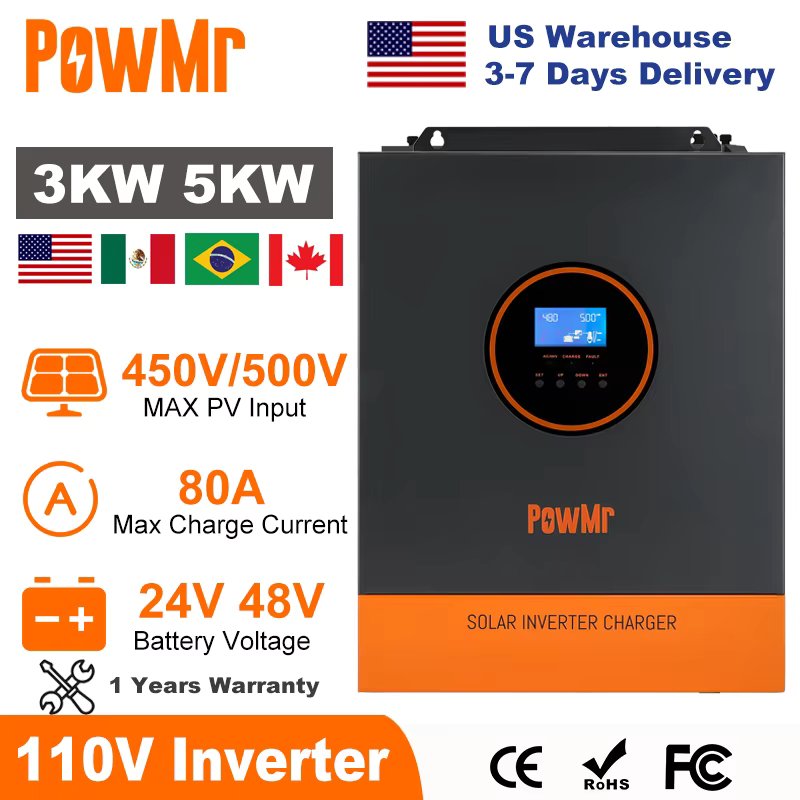 PowMr 3000W 5000W Hybrid Solar Inverter 24V 48V 110V Single Phase Pure Sine Wave Inverter with 80A MPPT Solar Charge Controller