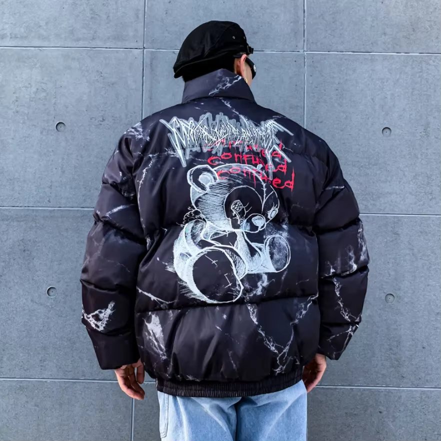 Winter Down Jacket Coat Men Cartoon Bear Print Parka Fashion Streetwear Casual Loose Thick Warm Padded Oversized Jackets Outwear