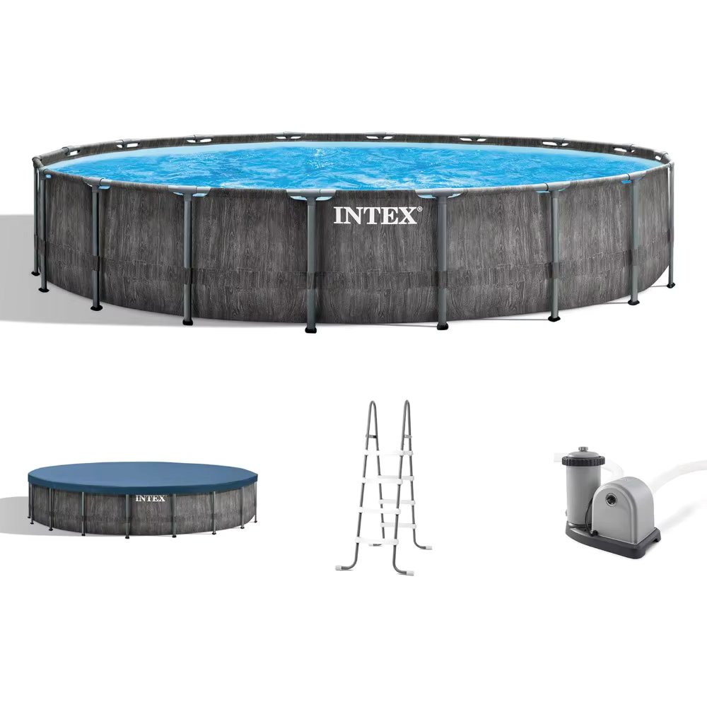Frame Round Above Ground Outdoor Swimming Pool Set with Filter Pump, Ladder, Ground Cloth, and Pool Cover, Greywood