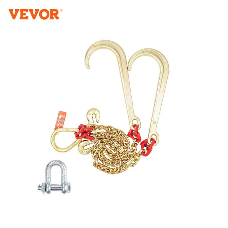 VEVOR G80 V Towing Bridle Chain Towing with 15" J & Grab Hooks Transport Tow Chain Bridle for Flatbed Truck Wrecker Recovery