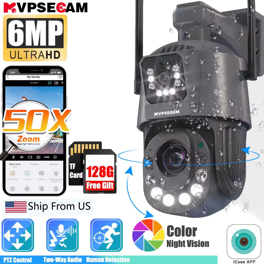 ICsee 6MP Dual Lens 128G TF Card Audio PTZ Wifi Camera Outdoor 50X Optical Zoom Human Detection 200M IR Night Vision IP Cameras