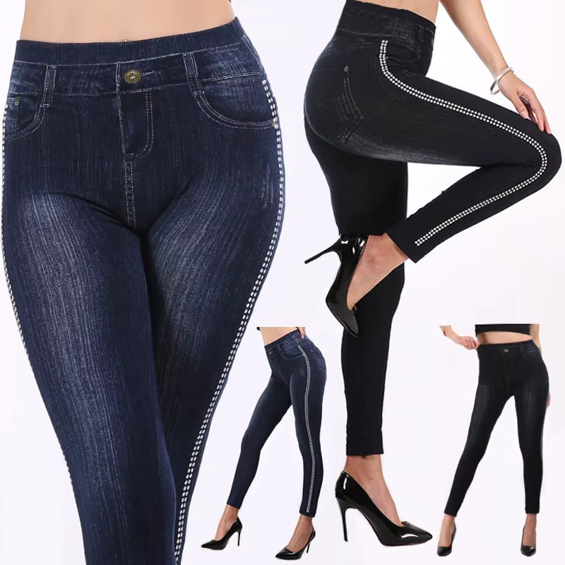 Kave Hot Selling Print Leggings Elastic Waist Faux Denim Stretch Slim Pants Denim Pants Leggings Imitation Fashion Casual Jeans