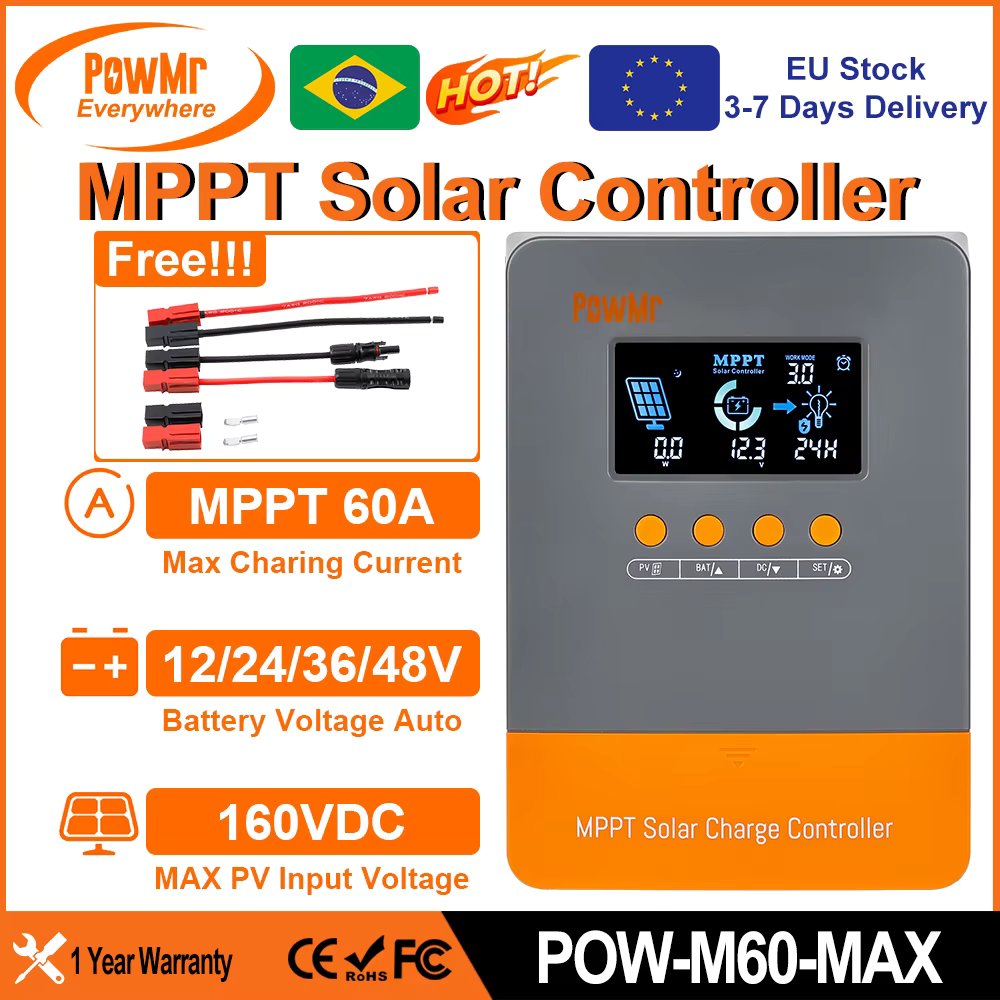 PowMr 60A MPPT Solar Charge Controller for 12/24/36/48V Battery Max 160VDC PV Panel Input With Widescreen And New Wiring Ports