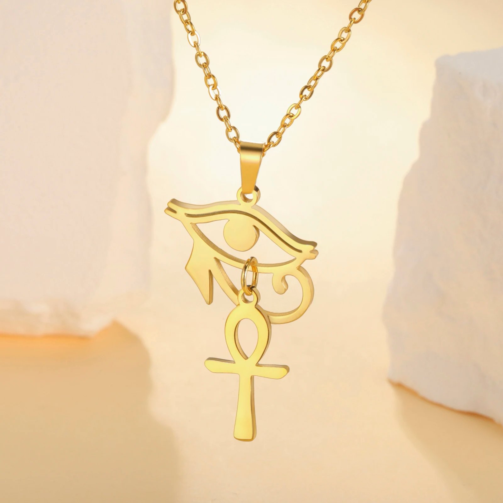 LIKGREAT Egyptian Eye of Horus Ankh Cross Protection Necklace for Women Men Stainless Steel Celtic Knot Eye of Ra Amulet Jewelry