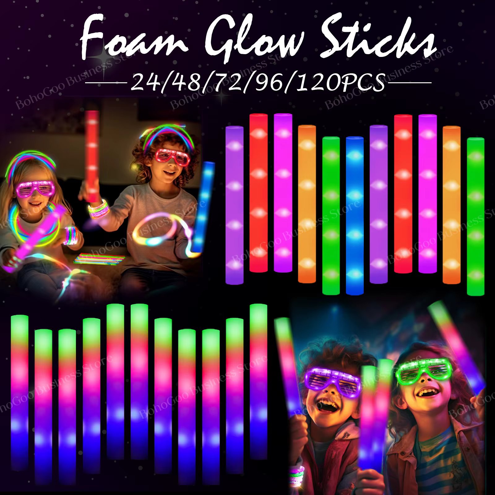24-120PCS LED Glow Stick Bulk Kids Birthday Party Supplies Neon Party Favor Foam Light up Sticks for School Activities Concert