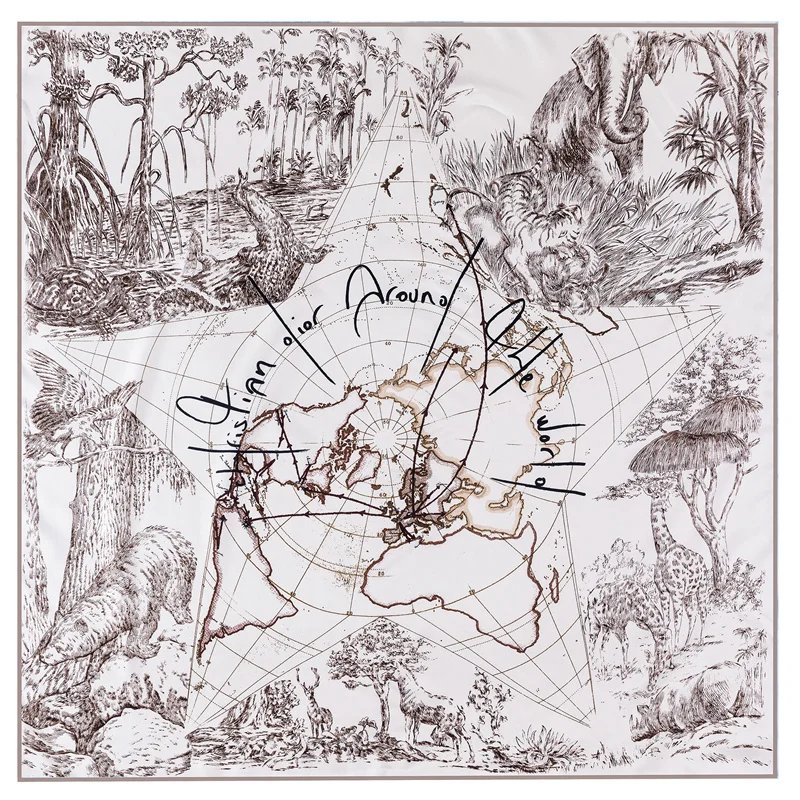 90cm Manual Hand Roll Twill Silk Scarf Women Animal World Curled Square Scarves Echarpes Foulards Femme Wrap Bandana Hijab