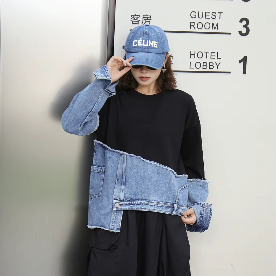 240920 Sweatshirt Women's Personality Asymmetrical Denim Splicing Loose Casual Top Autumn Winter Fashion Versatile Tops